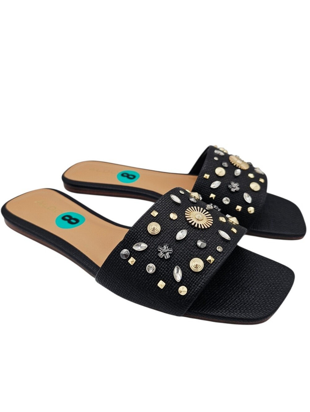 ALDO Itsandal Black Slide Sandals with Studded Rhinestones Embellishments NWOT